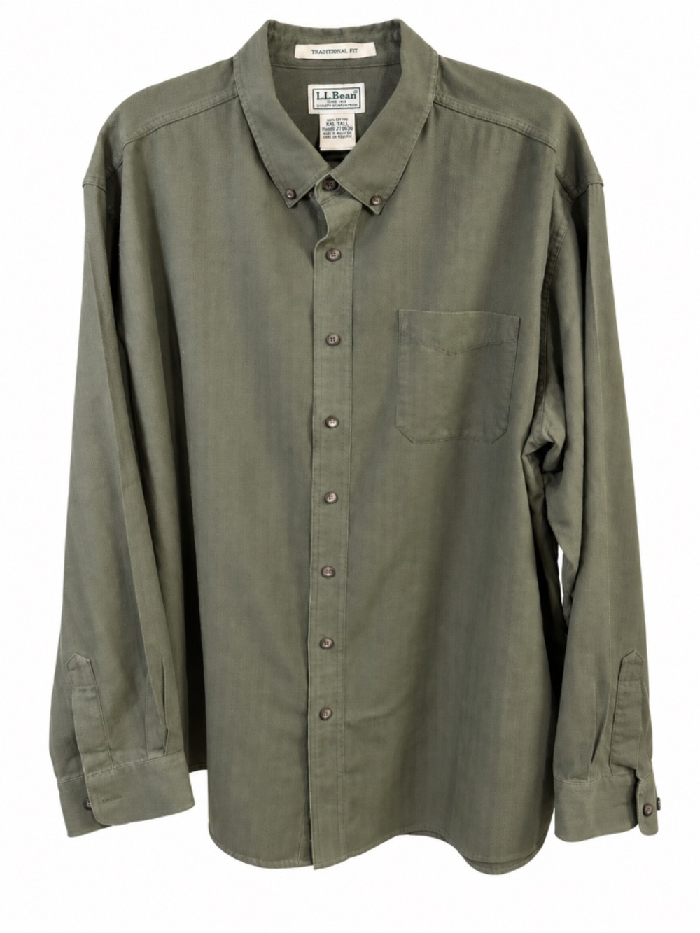 L.L.Bean Olive - Olive Green Herringbone Cotton Button-Up Shirt - XXL Tall